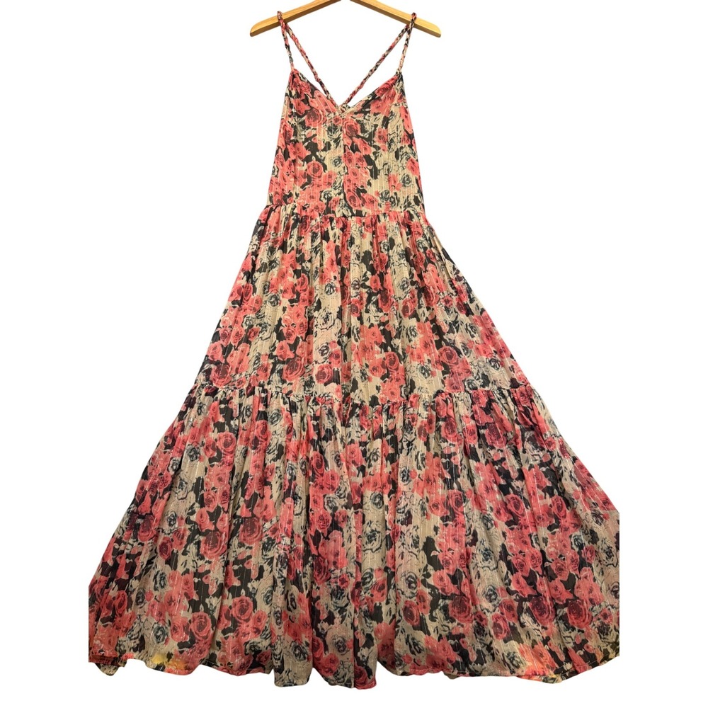 ASTR The Label Taupe Pink Floral Metallic Tiered Maxi Dress‎ Small ACDR100834B